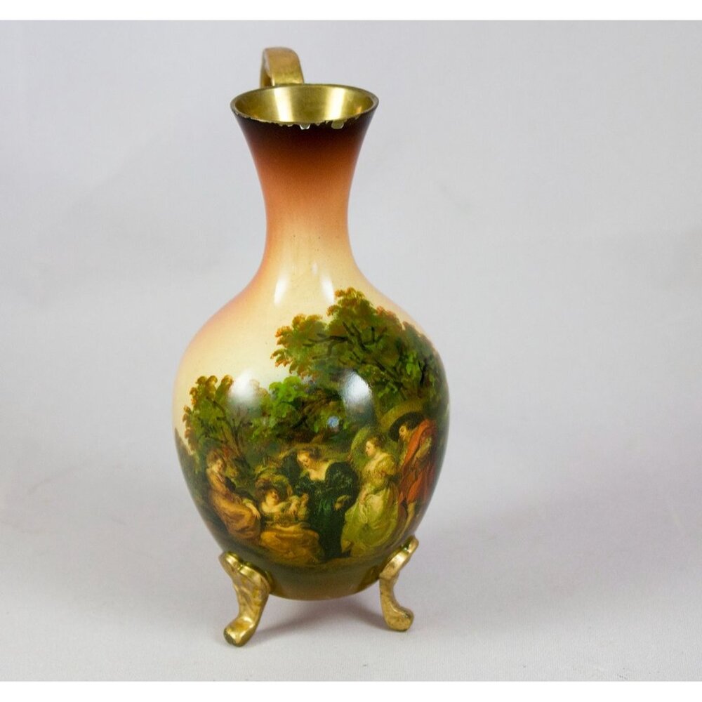 Small Footed Enameled Brass Bud Vase Renaissance Artwork Country Scene Handle